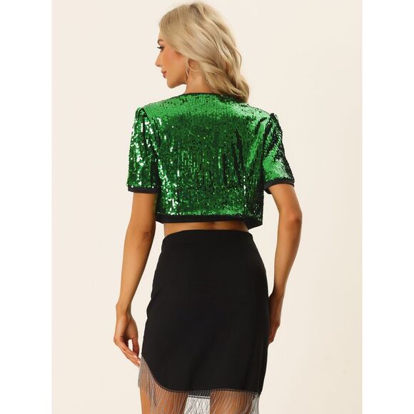Sequin Shrug Puff Short Sleeve Open Front Glitter Cropped Jackets green - Picture 3 of 5